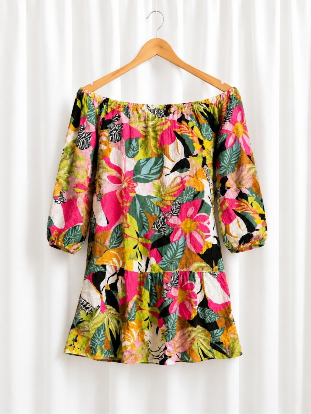 Rachel Roy Tropical Floral Crinkle Off Shoulder Resort Mini Dress Ruffle Hem